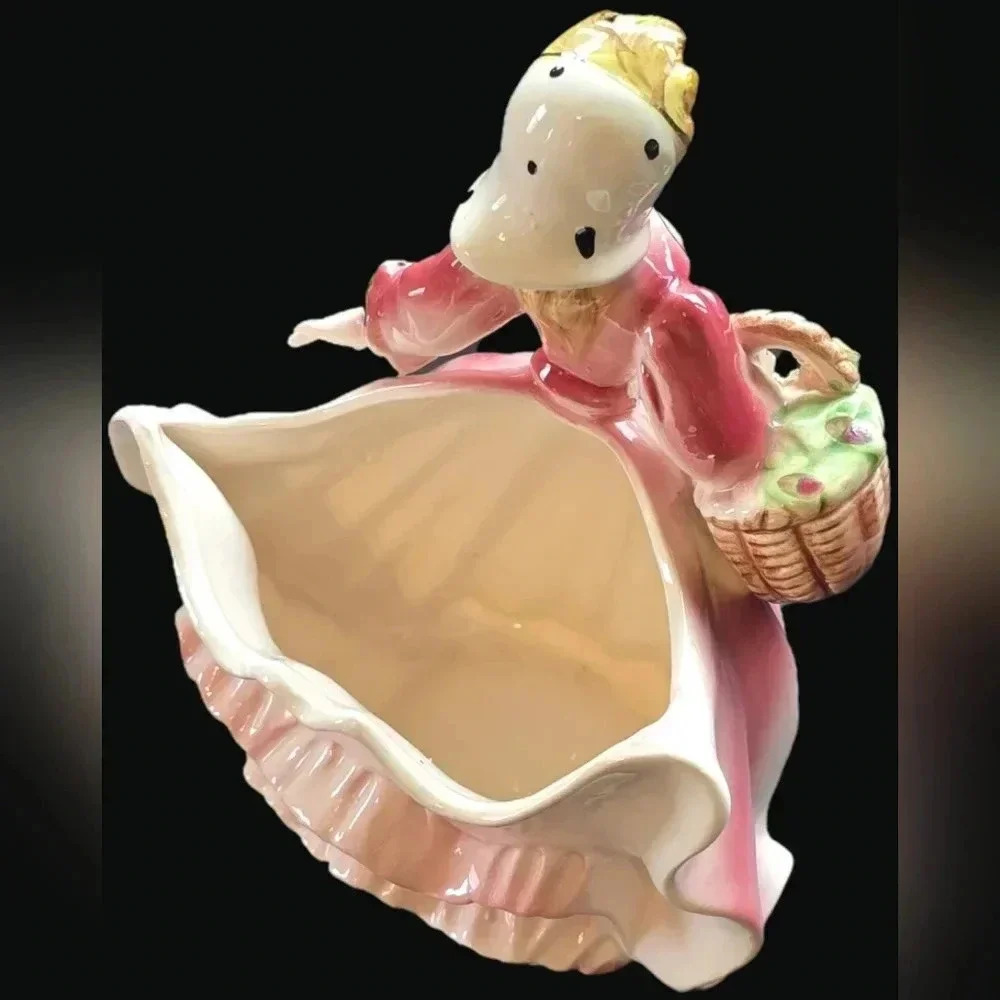 Vintage Lefton Lady in Flowing Pink Dress with Basket of Flowers Planter or Vase - Picture 6 of 11